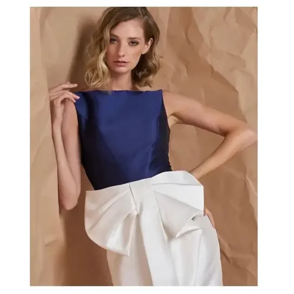 Kay Unger Hailey Colorblock Sleeveless 3D Bow Side Slit Navy Ivory Dress Size 10 - Picture 2 of 15